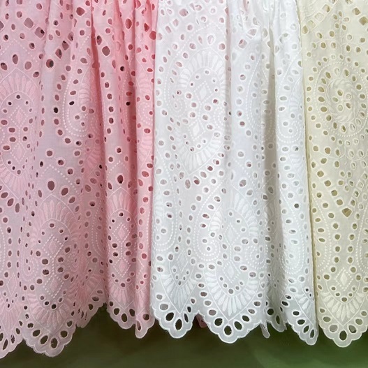 Off White Cotton Eyelet Fabric With Embroidered Flower Dress Curtain Fabric