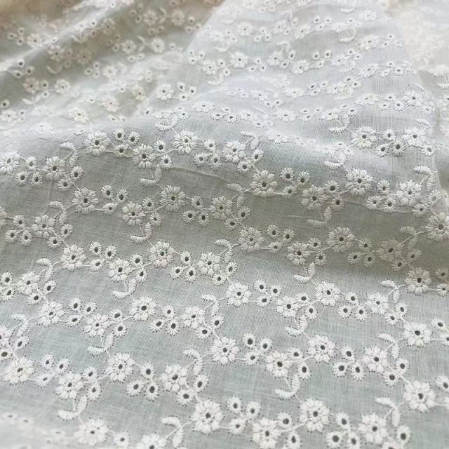 Off White Cotton Eyelet Fabric With Embroidered Flower  Dress Curtain Fabric