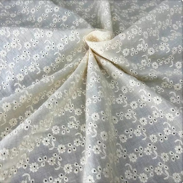 Off White Cotton Eyelet Fabric With Embroidered Flower Dress Curtain Fabric