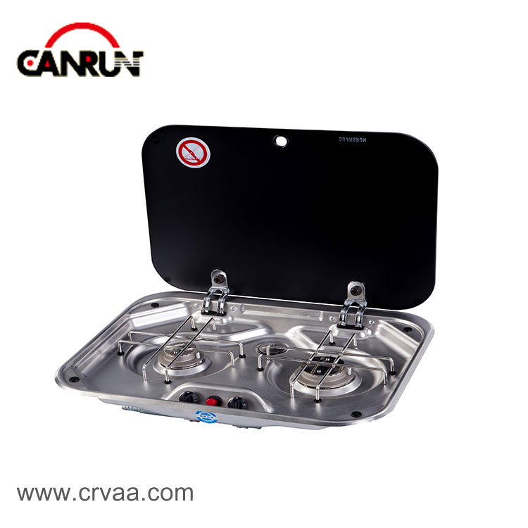 Double Burner RV Stainless Steel Gas Stove with Cover - 0