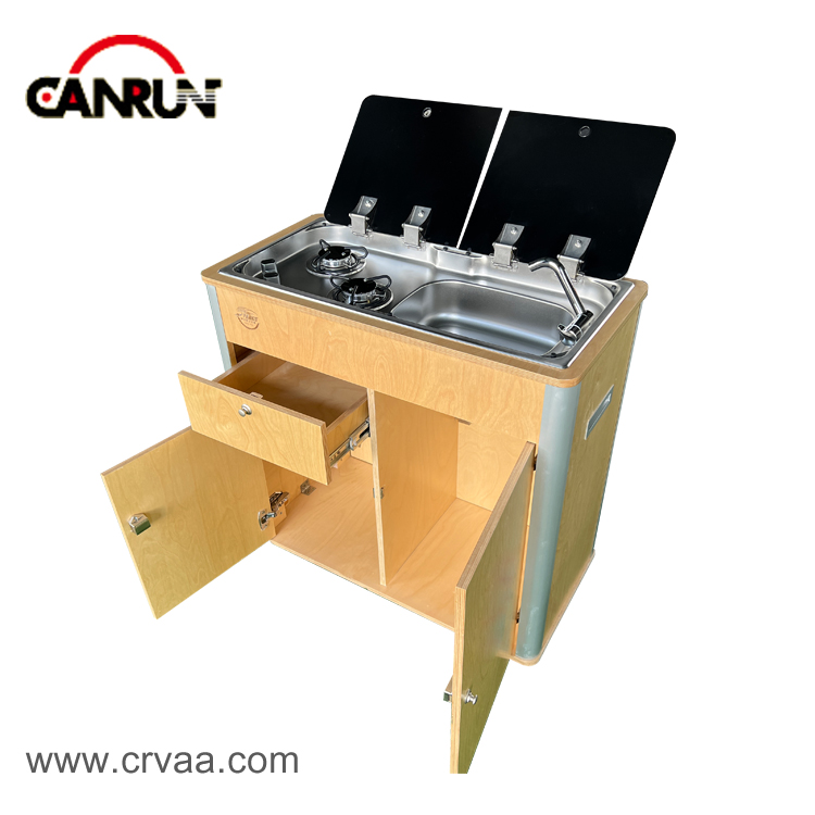 Mobile Portable Vanlife Box with Two-Burner and Sink-in-one Stainless Steel Gas Stove with Cover