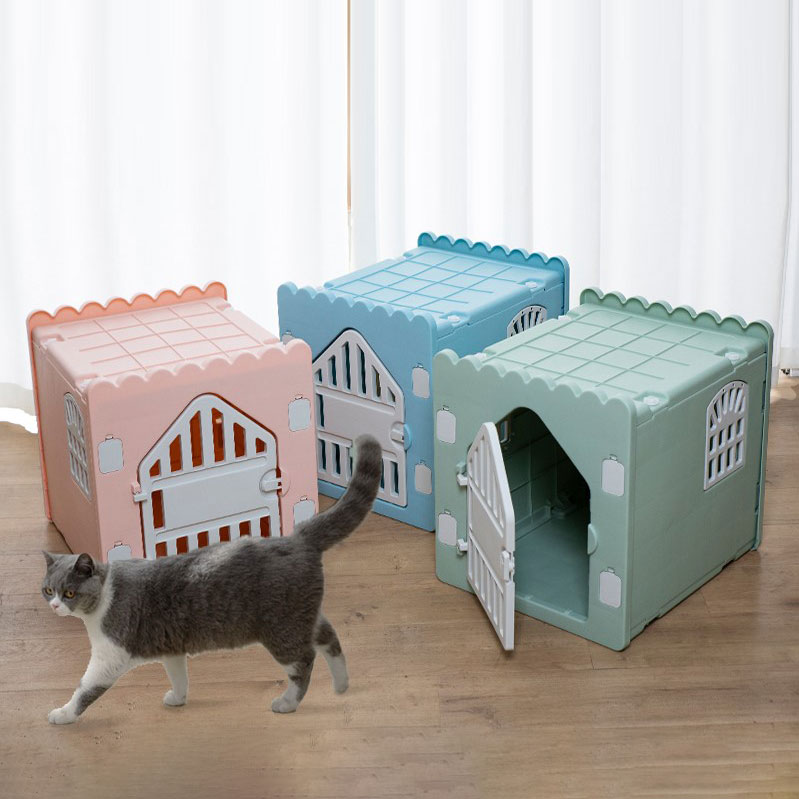 Жижиг хуванцар нохойн үржүүлгийн муурны байшин Ягаан өнгөтэй