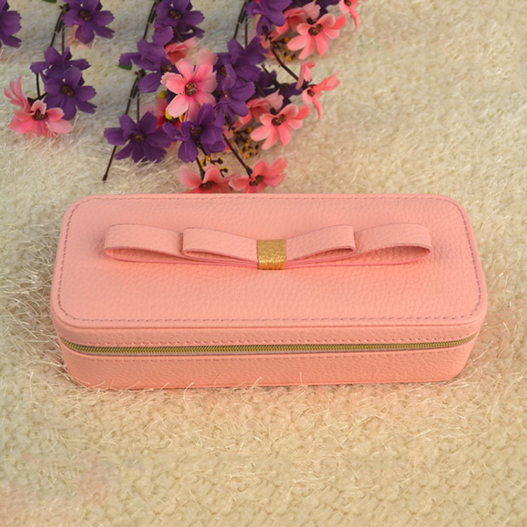 Caja de regalo de joyería de cuero rosa de lujo para niñas con espejo