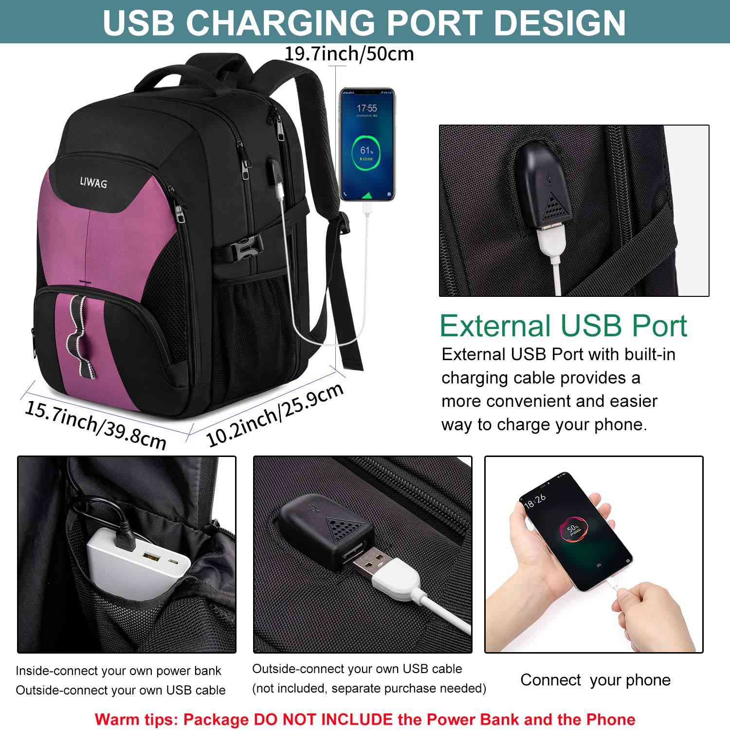 Водостойкий 17-дюймовый дорожный рюкзак для ноутбука с USB-портом для зарядки