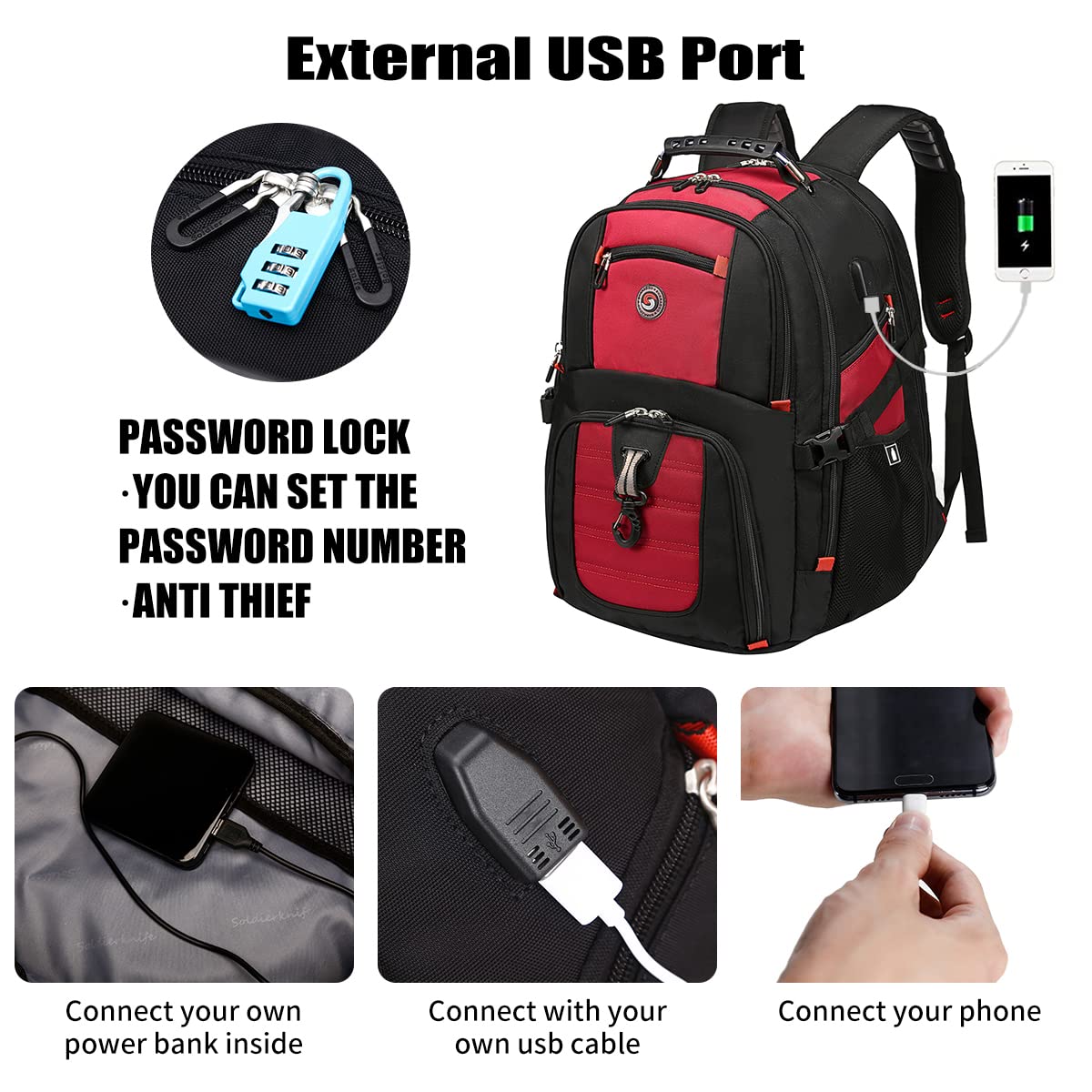 Mochila para computadora Bolsa de viaje con puerto USB