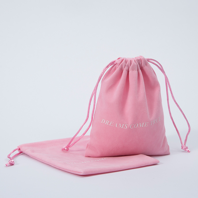 Pink Drawstring Velvet Jewelry Pouch with Logo - 1
