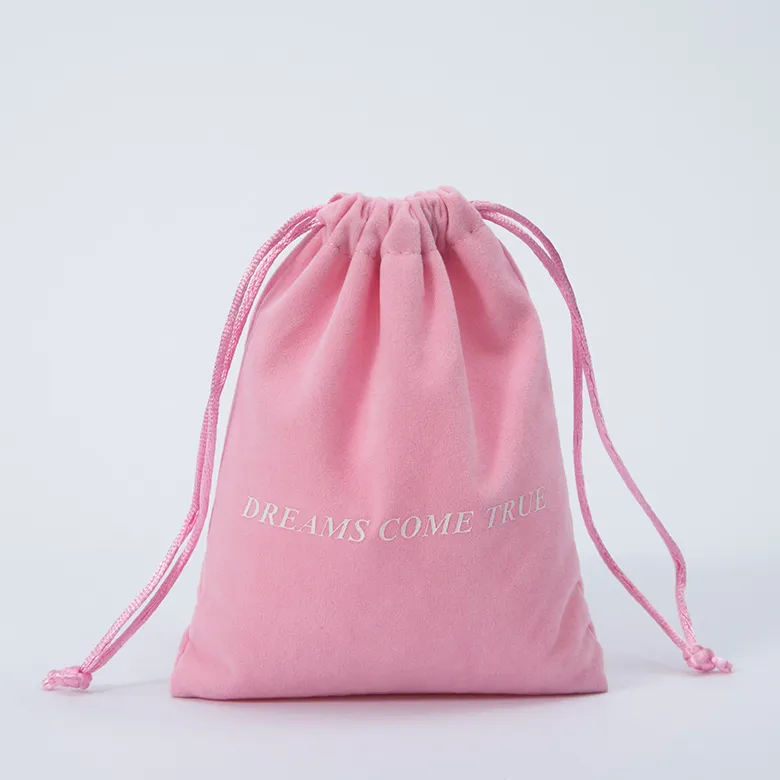 Pink Drawstring Velvet Jewelry Pouch with Logo