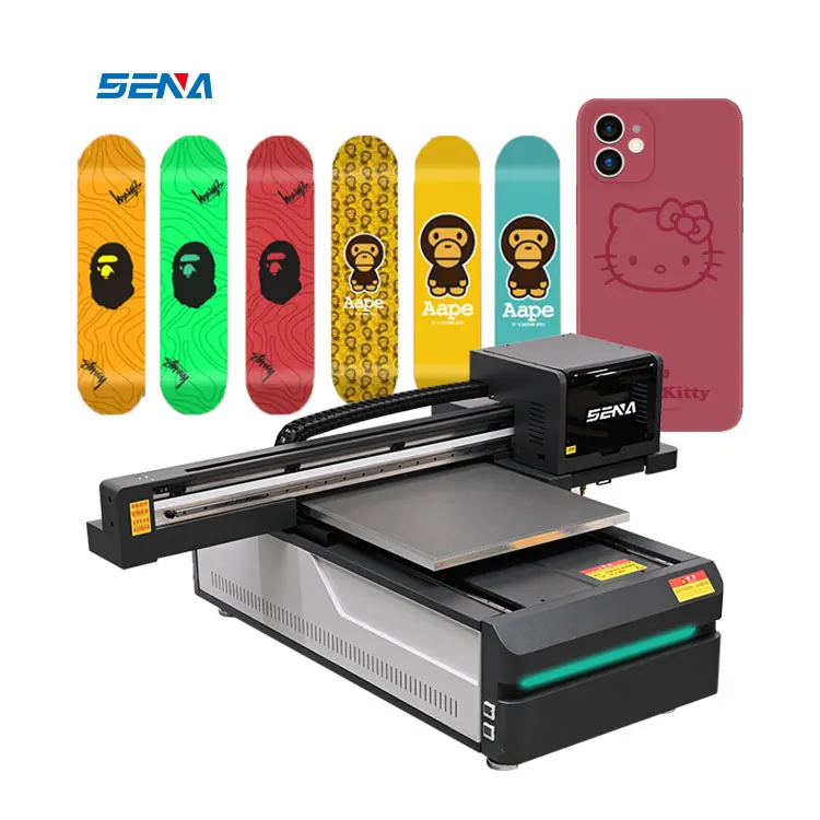 CMYKW Varnish UV Inkjet Flatbed Printer All in One ຂະຫນາດນ້ອຍທີ່ມີຄວາມໄວສູງສໍາລັບ Custom 3D Shoe Wood Phone Case Glass PVC Card Label