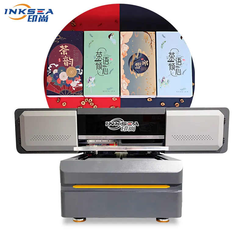 Printer flatbed 6090uv laris multifungsi dengan nosel XP600 dan warna CMYKW+V untuk tas kemasan kotak makan siang