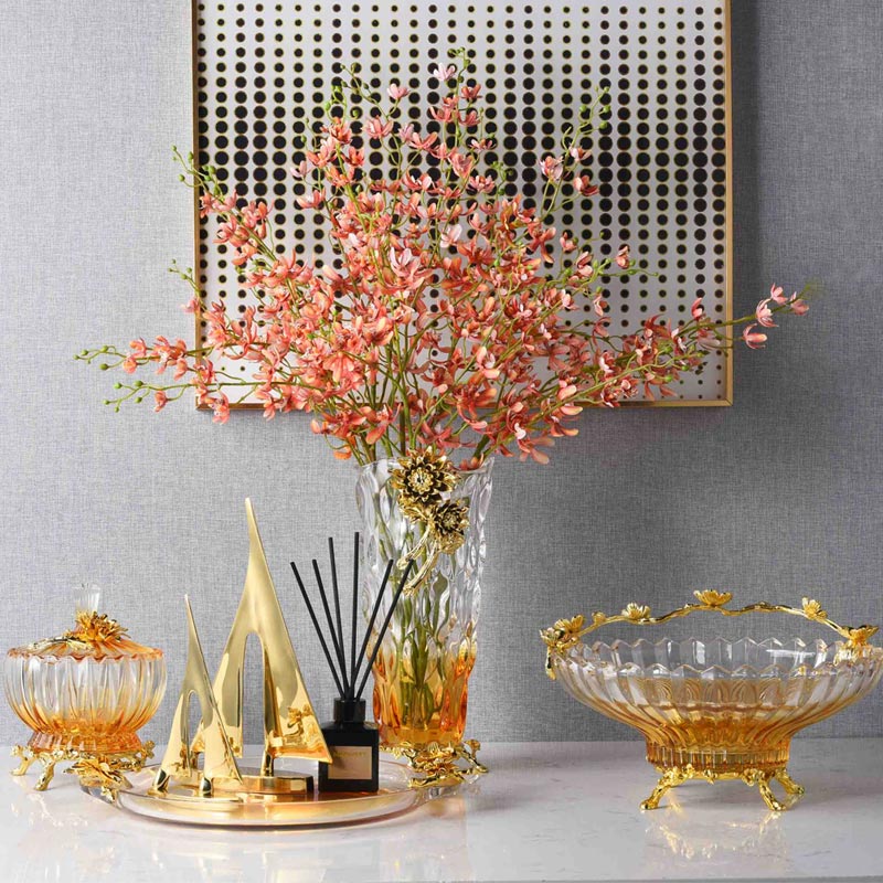 Champagne gold flower vase, fruit tray, candy jar glass three-piece set