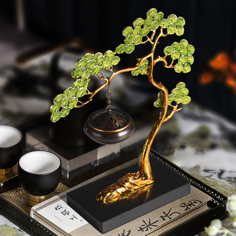 Zen-inspired incense burner greeting pine with enamel craft and a marble base