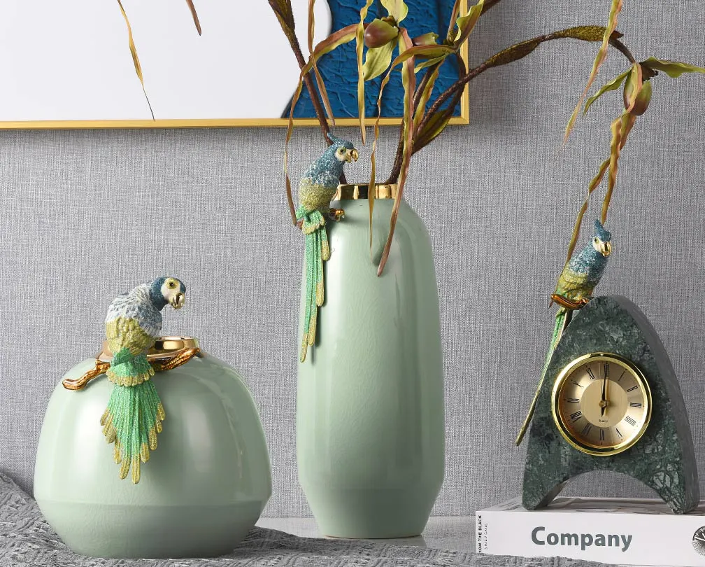 Vas Rangkaian Bunga Pot Bunga Burung Beo Enamel Keahlian Keramik Artistik