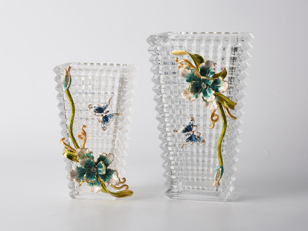 Baccarat Glass Vase Decor with Irises and Butterflies