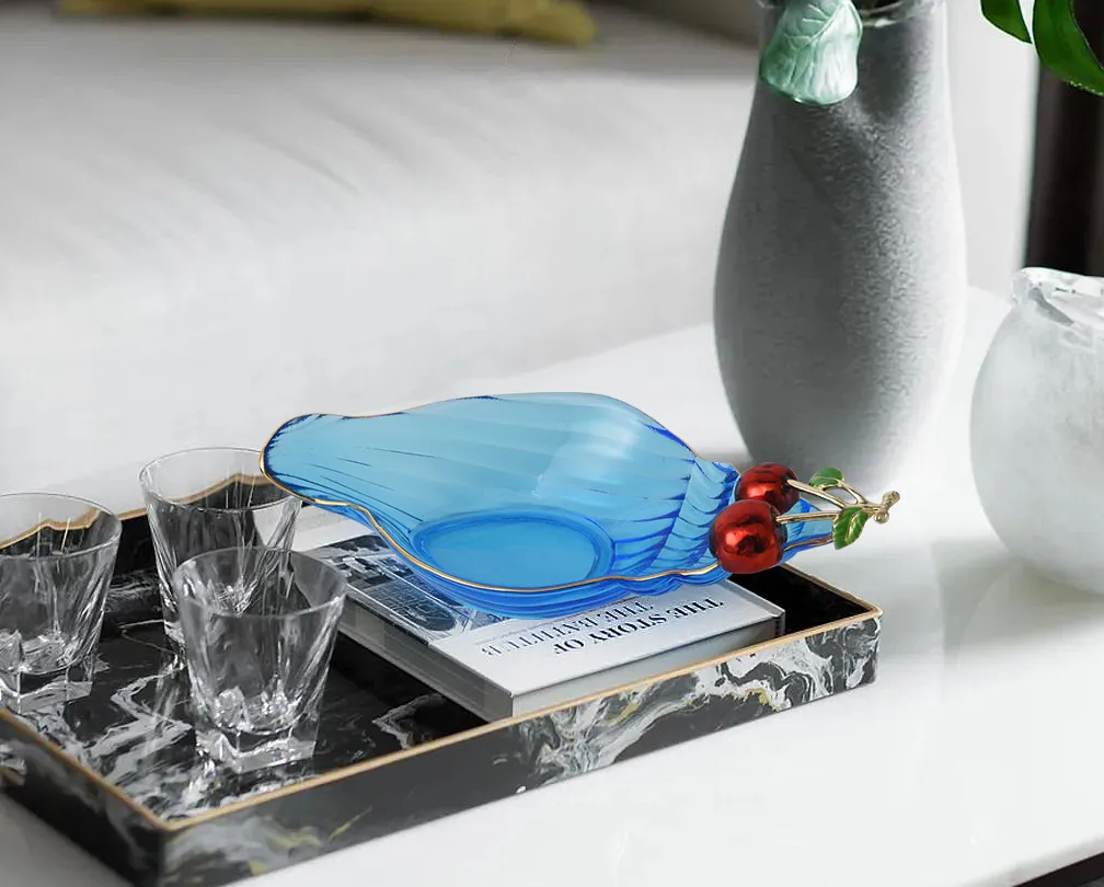 Mėlyna kriauklė vyšnių vaisių lėkštė emaliuota puošmena prabangus stiklo rankdarbis