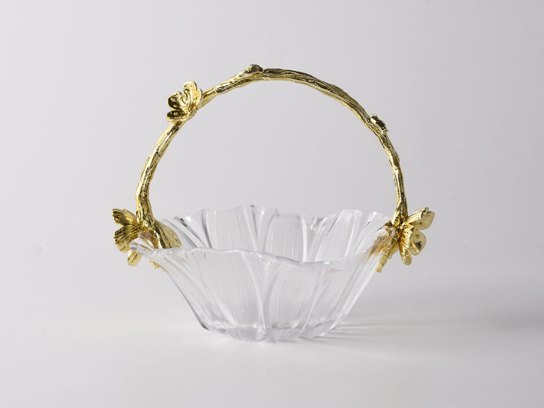 Стъклена фруктиера с метални златни цветя
