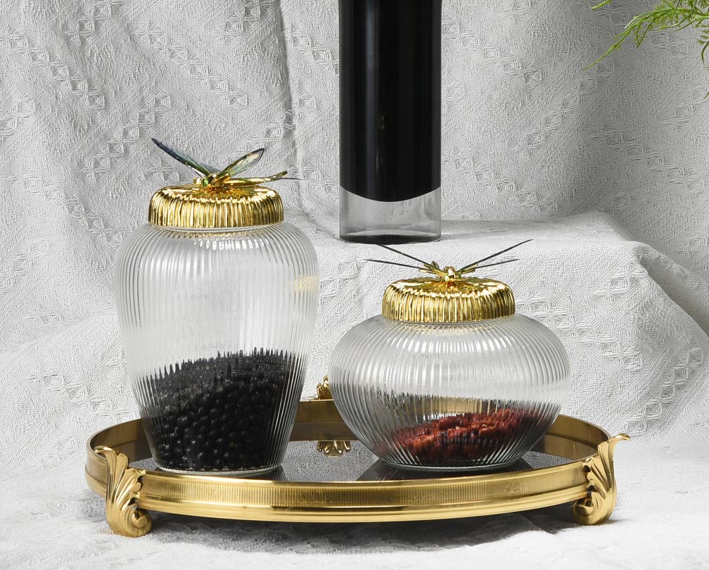 Oppbevaringskrukke i glass med øyenstikkerdekor myk møblering