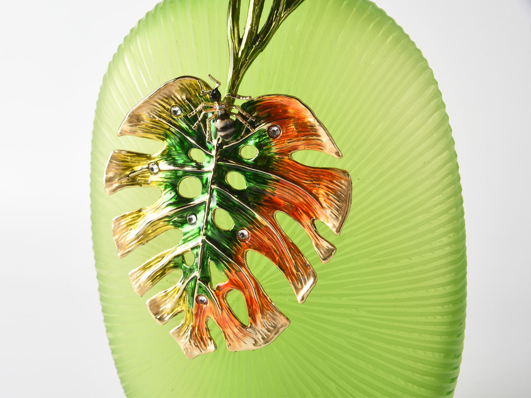 Green Glass Vase Decor & Monstera Metal