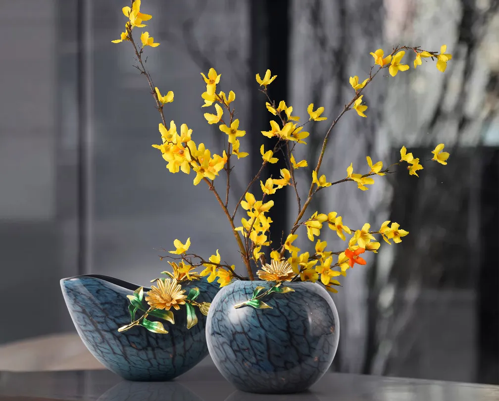 Ornamen vas bunga berwarna enamel gaya Cina baru untuk ruang tamu