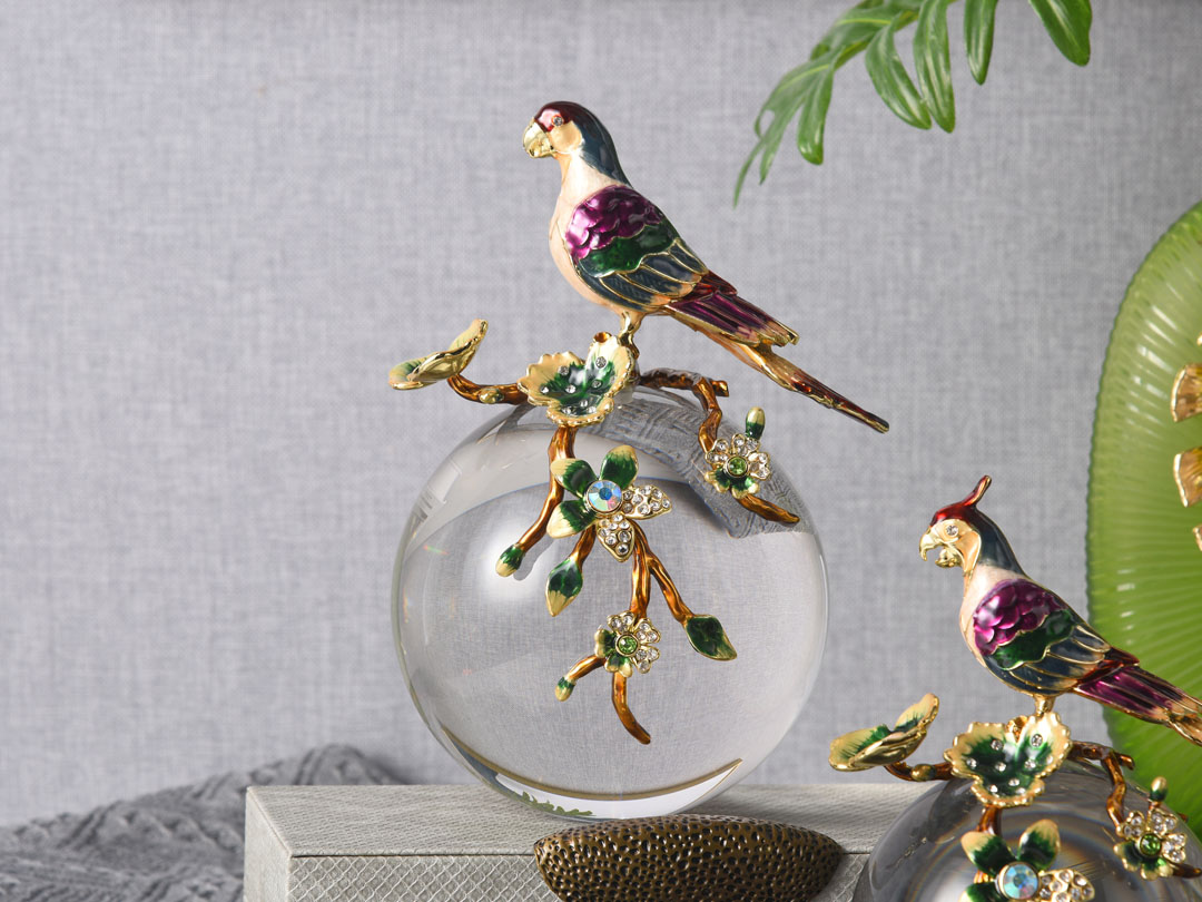 Parrot on Clear Crystal Sphere Decor Sculpture