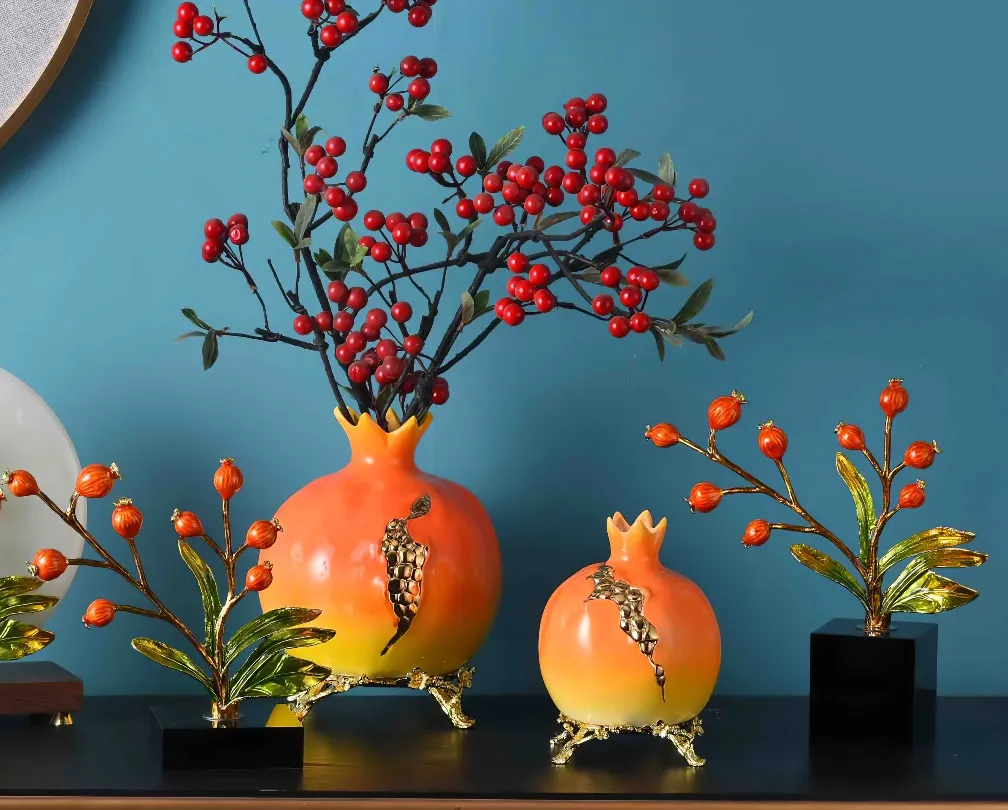 Ornamen dekoratif pindah rumah pohon delima enamel merah