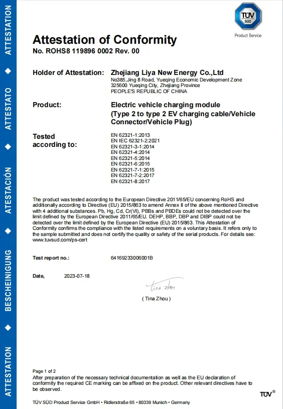 Cable de carga Liya EV - ROHS8