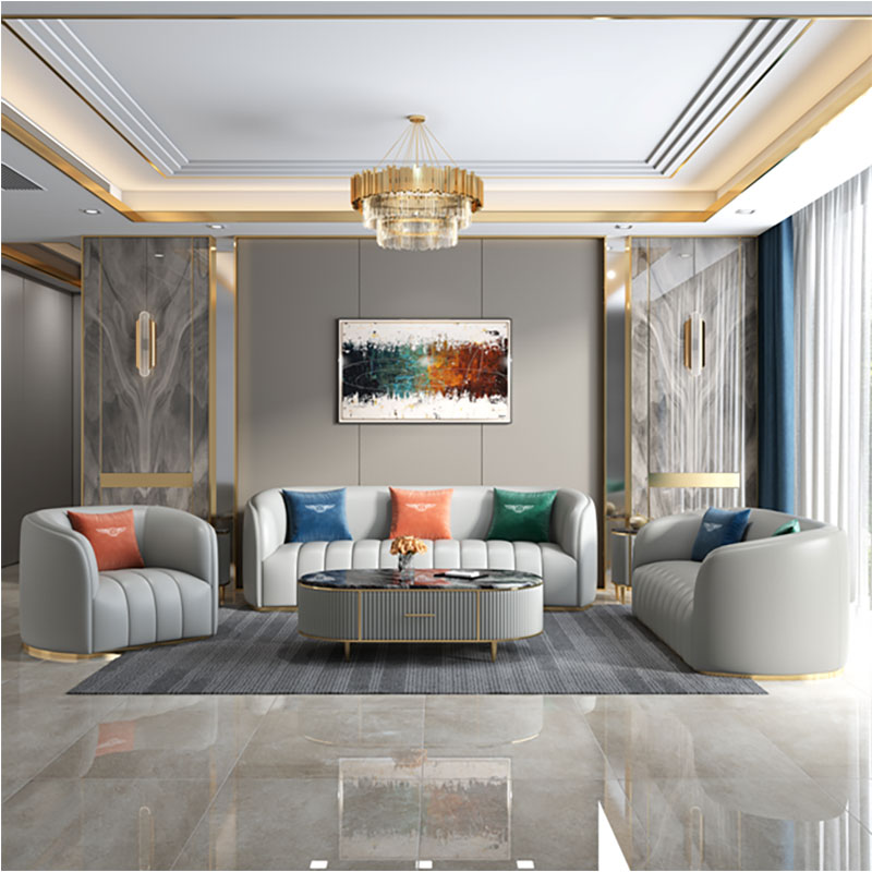 Sofá de cuero de sala de estar de lujo y luz moderna