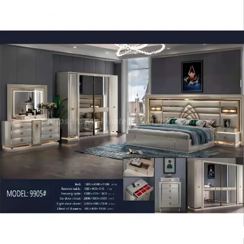 White Modern Glass Mirrored Bedroom Set with LED Lighting
