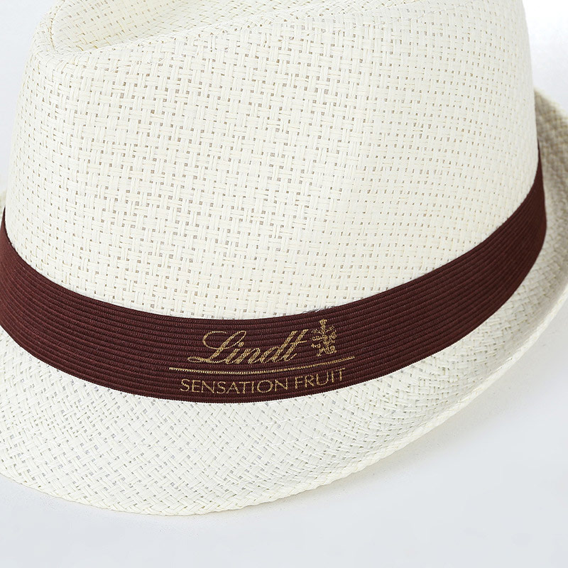 Cappello di paglia Trilby Sun con logo dorato per la promozione