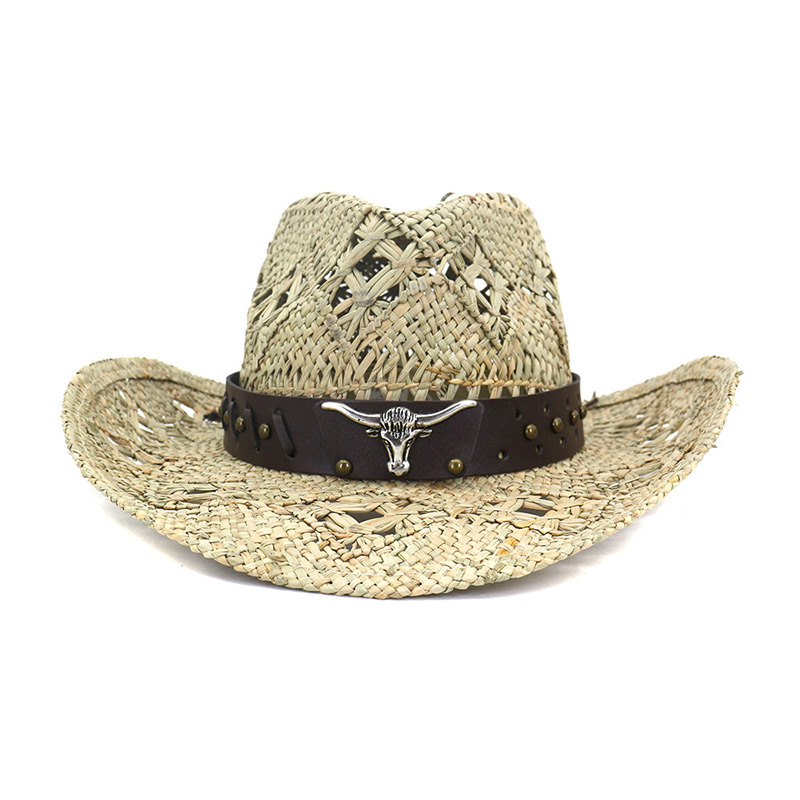 Cappello di paglia da cowboy con cinturino in pelle