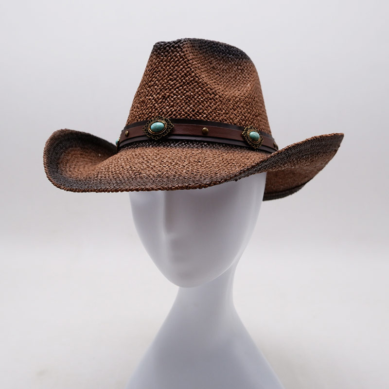 Cappelli da cowboy in paglia marrone con cinturino in pelle turchese