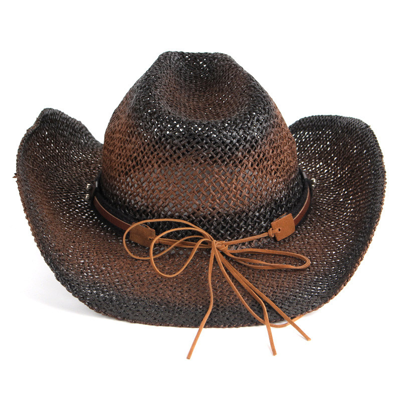 Cappello di paglia da cowboy occidentale estivo marrone scuro