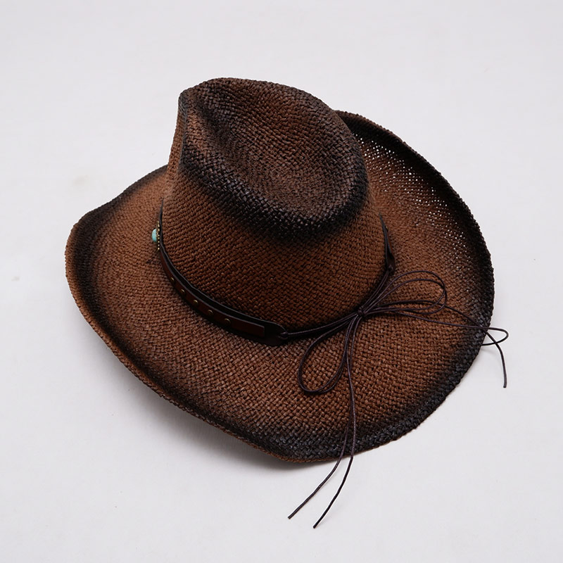 Cappelli da cowboy in paglia marrone con cinturino in pelle turchese