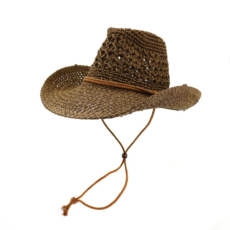 Słomkowy kapelusz kowbojski ze sznurkiem pod brodą
