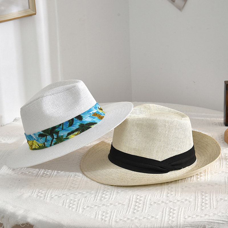 Kohandatud disainiga päikesekaitse valge Fedora õlgkübar