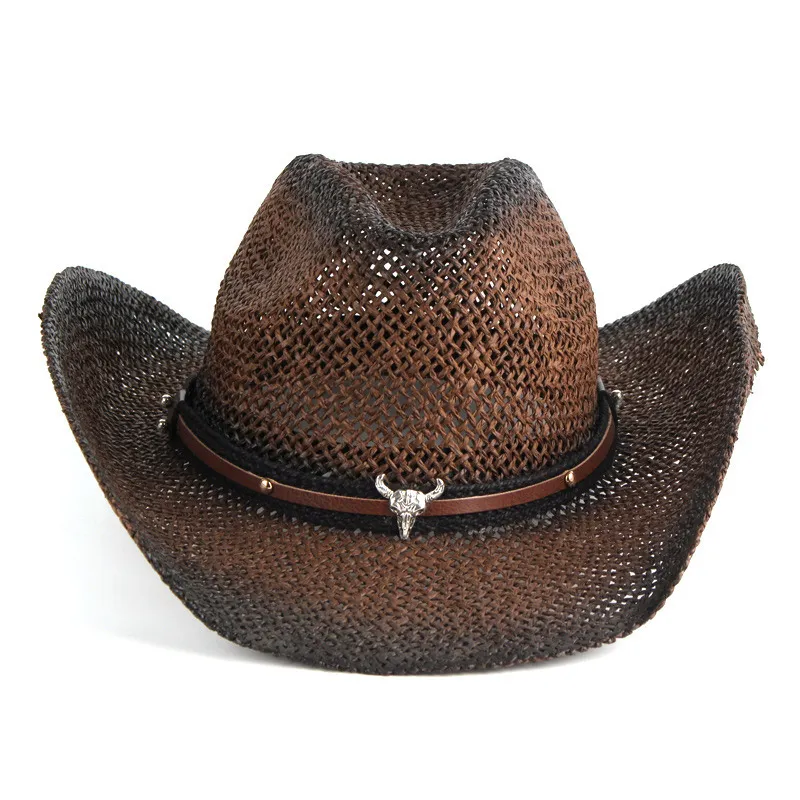 Ciemnobrązowy letni kapelusz słomkowy w stylu western kowbojskim