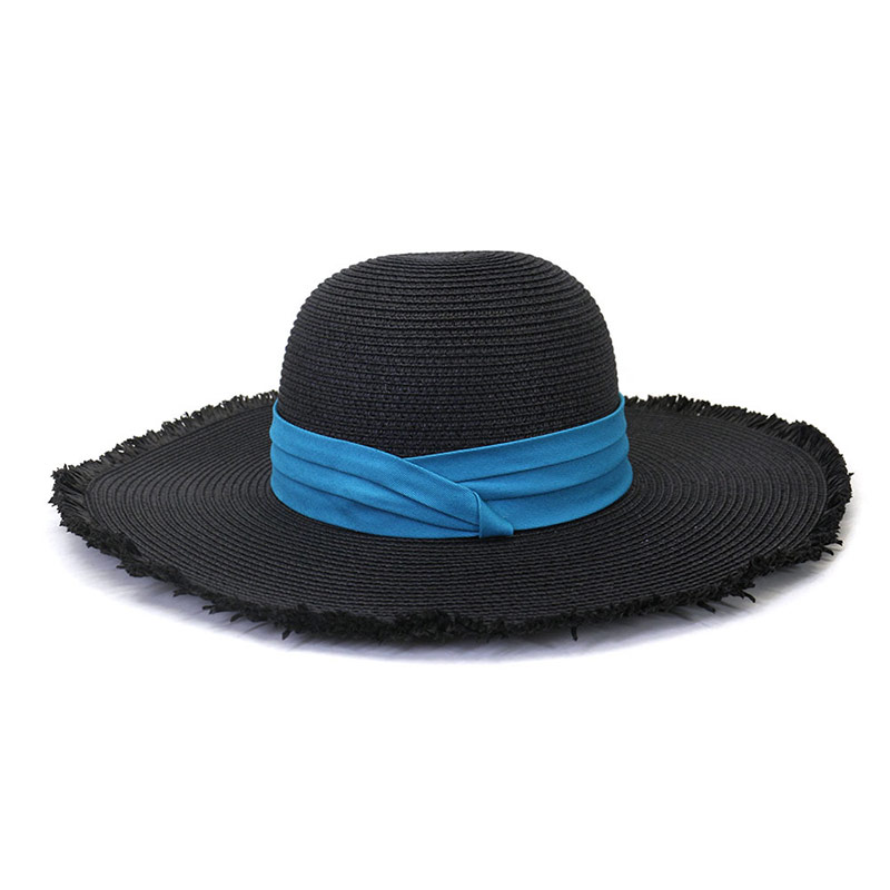Bayan için Şık Mavi Bant Geniş Kenarlı Plaj Şapkası