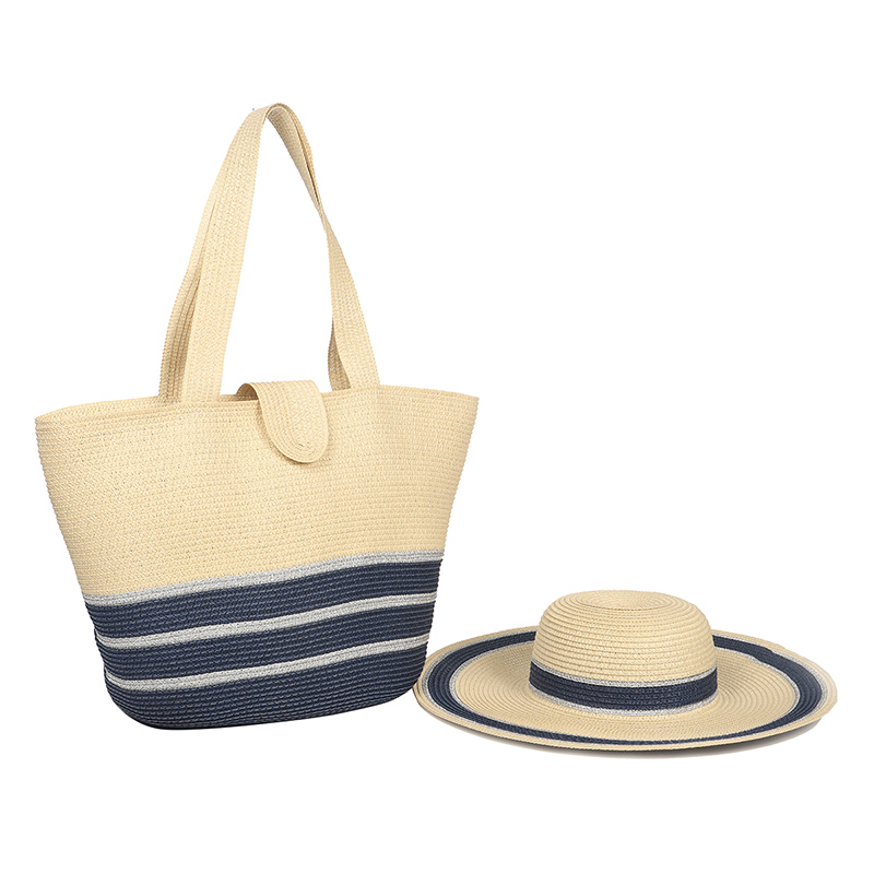 Ladys Stripe Floppy Hat and Bag Set