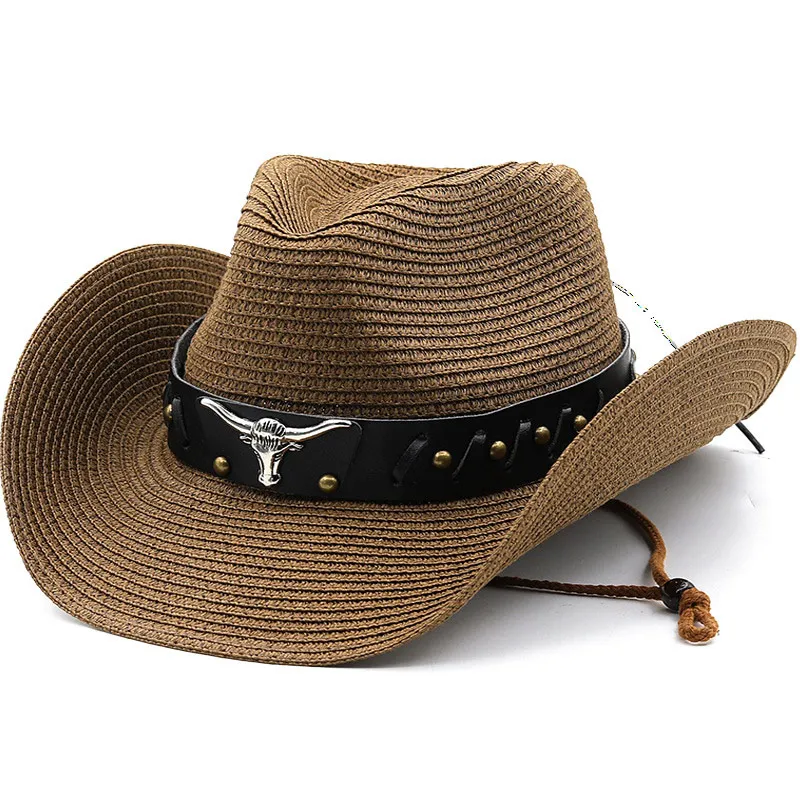 Cappello di paglia da cowboy da uomo con cinturino in pelle