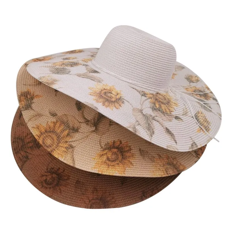 Quality sunflower print straw beach hat for women