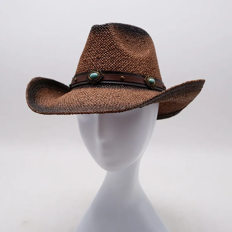 Topi Koboi Jerami Tali Kulit Turquoise Coklat