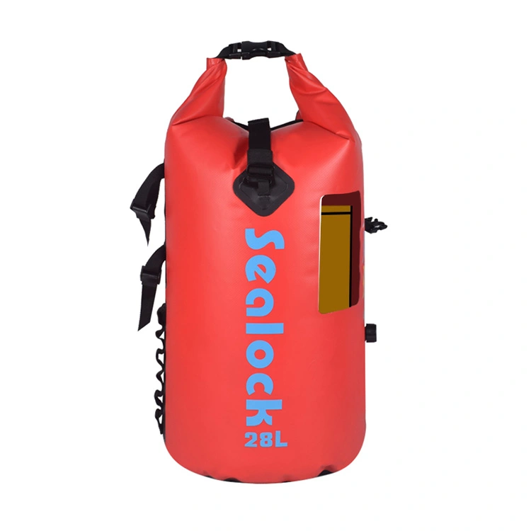 Wodoodporny plecak na kajaki 28 litrów czerwony z okienkiem na telefon
