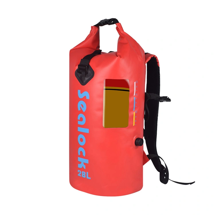 Mochila impermeable para kayak 28 litros roja con ventana para teléfono