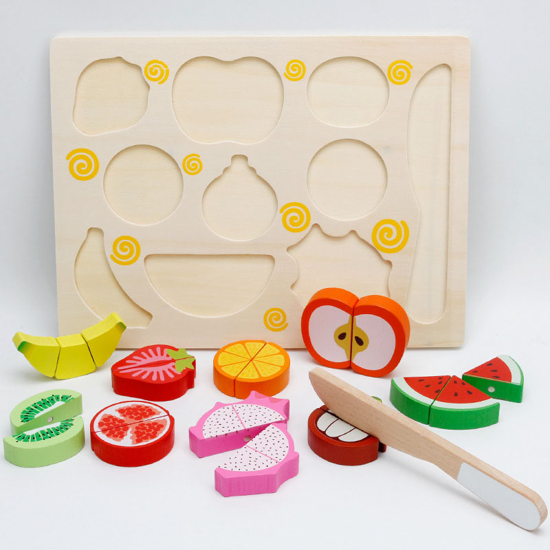 Quebra-cabeças de madeira para cortar frutas para bebês