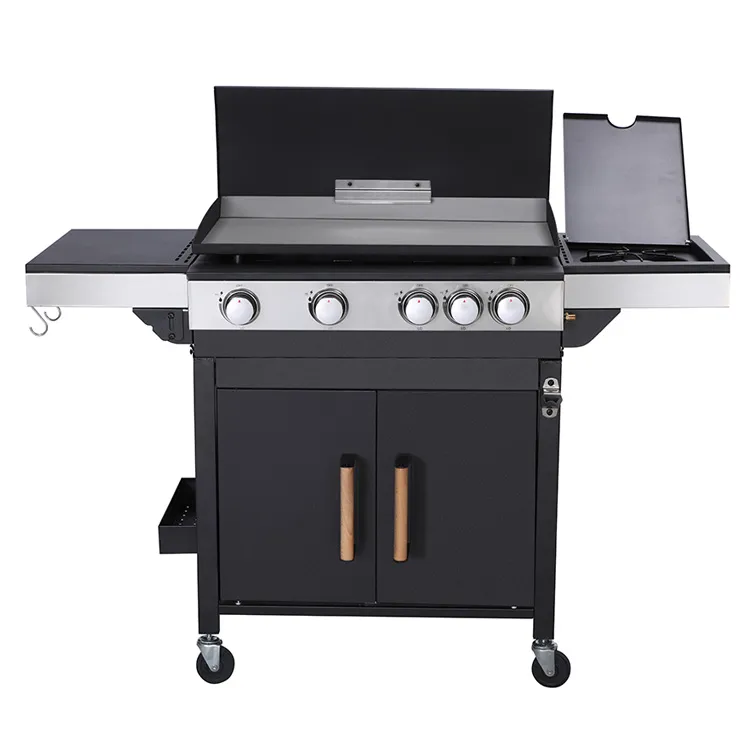 4 Burner Gas BBQ Plancha karo Trolley sing bisa dicopot