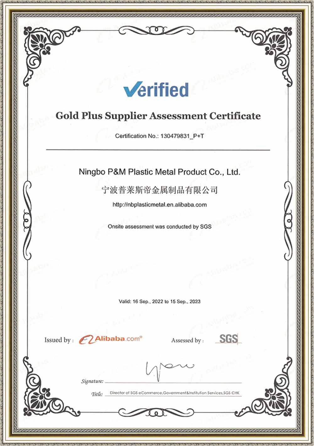 Gold Plus Supplier Assessment Certificate