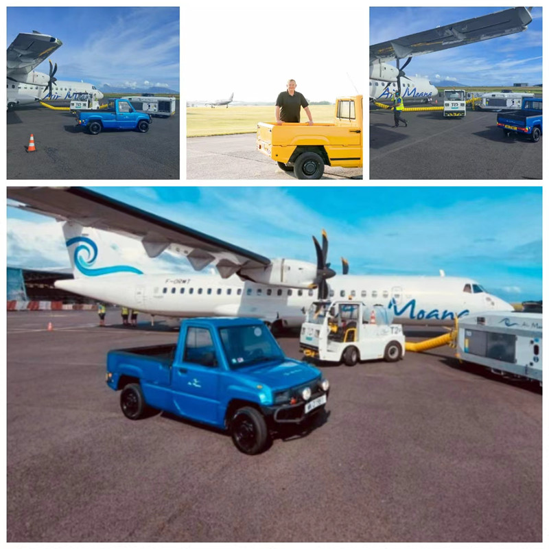 Titre : L'aéroport tchèque adopte de petites camionnettes électriques comme véhicules de remorquage, s'engageant ainsi en faveur d'une aviation durable