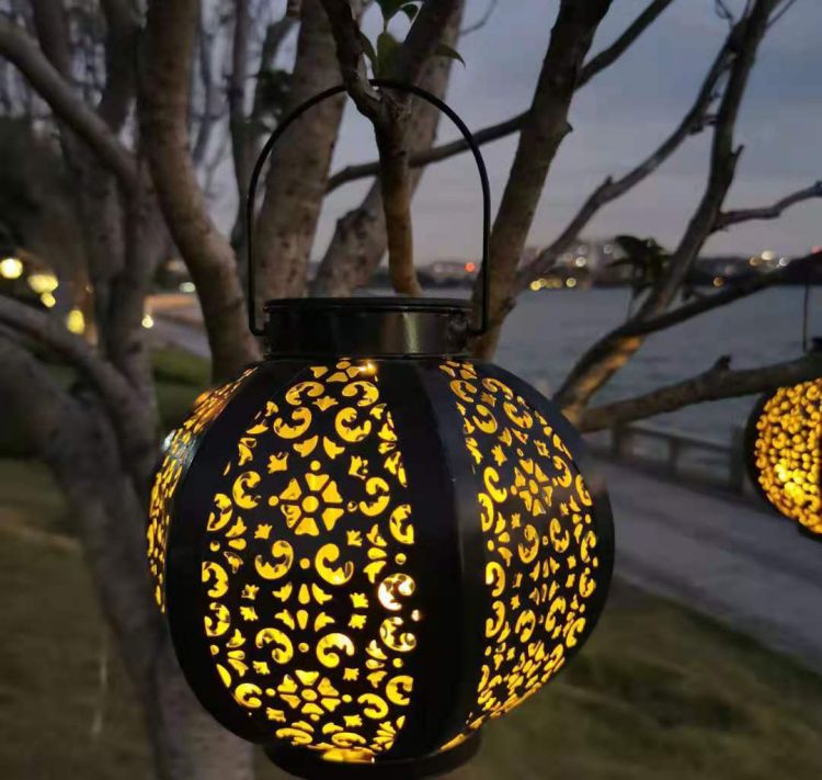 Outdoor Waterproof Table Hanging Solar Metal Hollow Pattern Lantern