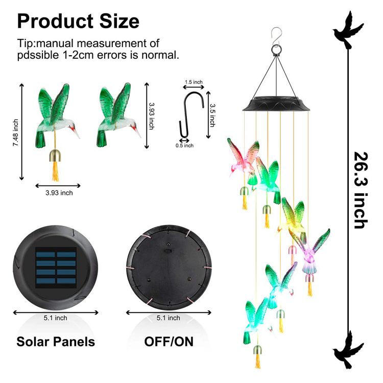 Plafonnier solaire imperméable à carillons éoliens de cloche de colibri