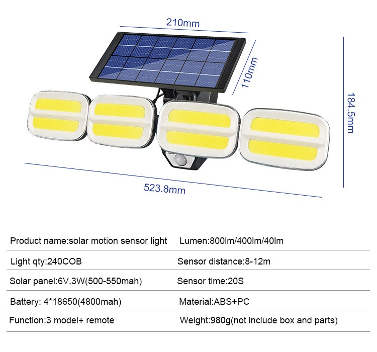 Outdoor Waterproof Remote Motion Sensor High Bright 200led Solar Wall Mounted Lights
