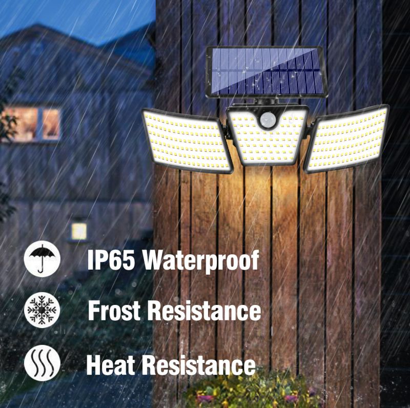 Luz de pared solar para patio con sensor de movimiento de 3 cabezales impermeable IP65 265 LED de alto lumen para exteriores